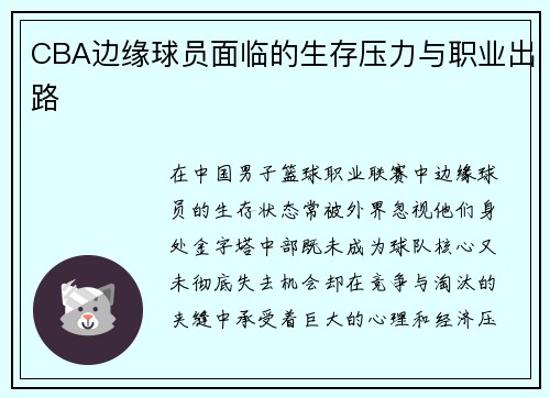 CBA边缘球员面临的生存压力与职业出路